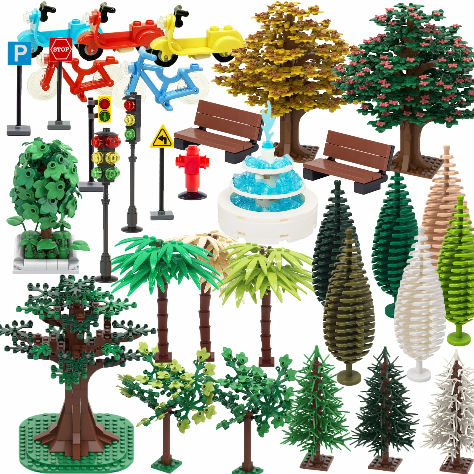 Stadt Ampel Baustein MOC Baum Park Bank Straße Lampe Mülleimer Brunnen Blumenladen Spielzeug Montage Ziegel