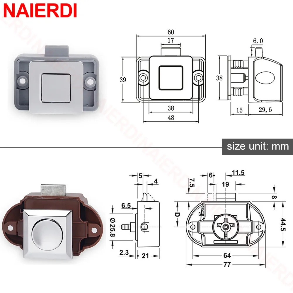 NAIERDI 5 Pack Camper Car Push Lock 26mm RV Drawer Latch Cabinet Locks Keyless Push Button Latches for Motorhome Yacht Boat