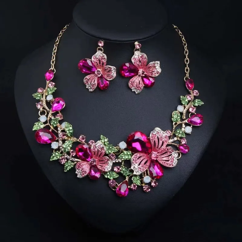 Zlxgirl jewelry Classice Fashion women\'s wedding jewelry sets colorful Enamel flower necklace with earring accessory