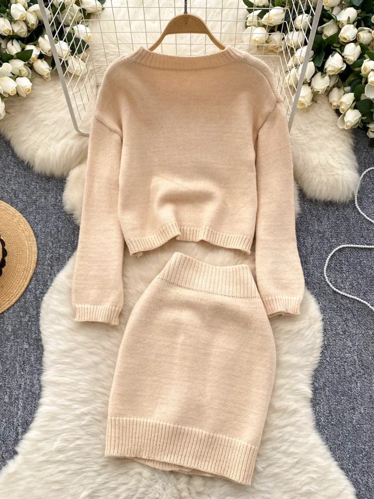 Autumn Casual Warm Sweater Suits Women Long Sleeves Loose Pullover+Buttons Design Short Skirt Office Lady Knitted 2 Piece Set