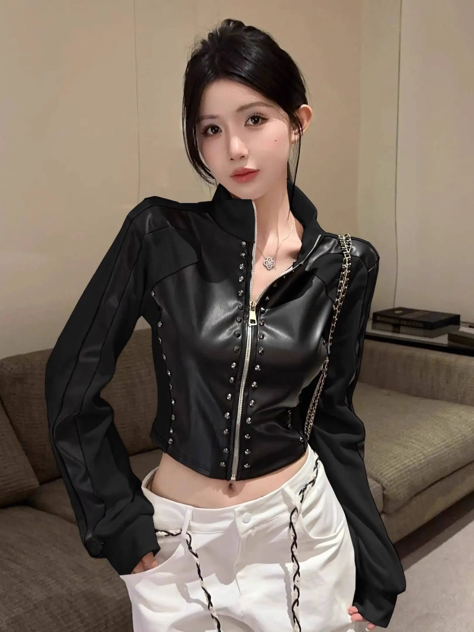 Women Crop Motorcycle Jacket 2025 Autumn Faux Leather Jacket Women's Stand Collar Ribbed Versatile Autumn Winter Cardigan