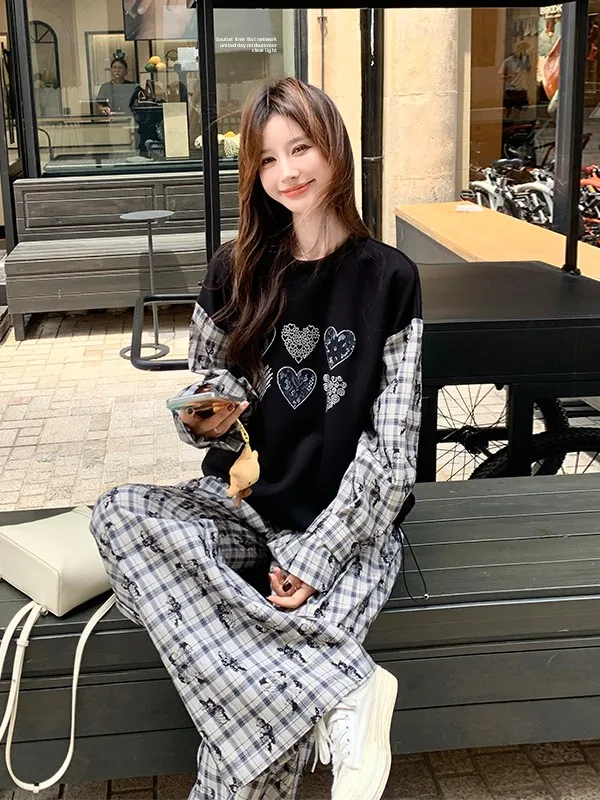 

Новый модный женский костюм-двойка: повседневные брюки с широкими штанинами и принтом в клетку, цветной блок, защита от морщин, весна-осень