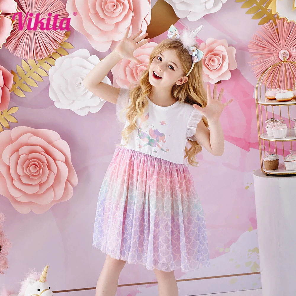 VIKITA Kids Mermaid Print Cartoon Dress Girls Gradient Vacation Birthday Party Casual Princess Flare Sleeve abiti estivi 3-8 Y