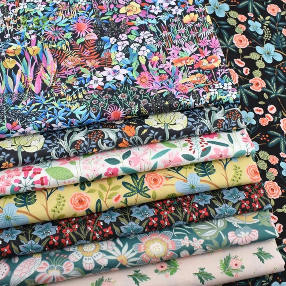 Chainho,Printed Twill Weave Cotton Fabric,Patchwork Cloth,DIY Quilting Sewing Material,Home Textiles ,Black Floral Series,CC041