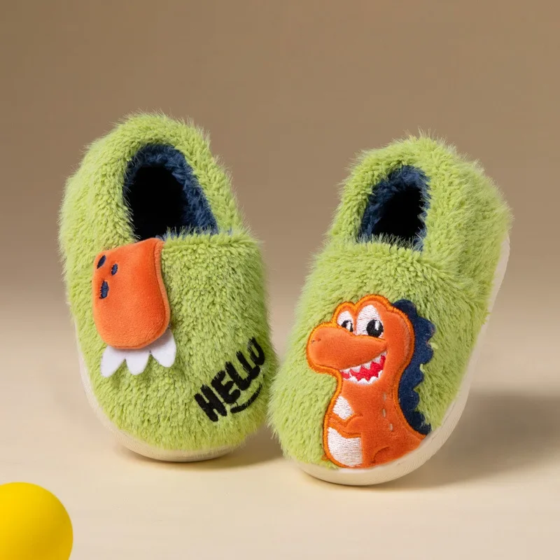 New Winter Children\'s Shoes Warm Cute Boys Cartoon Dinosaur Cotton Slippers Warm Versatile Kids Causal Home Girls Plush Slippers