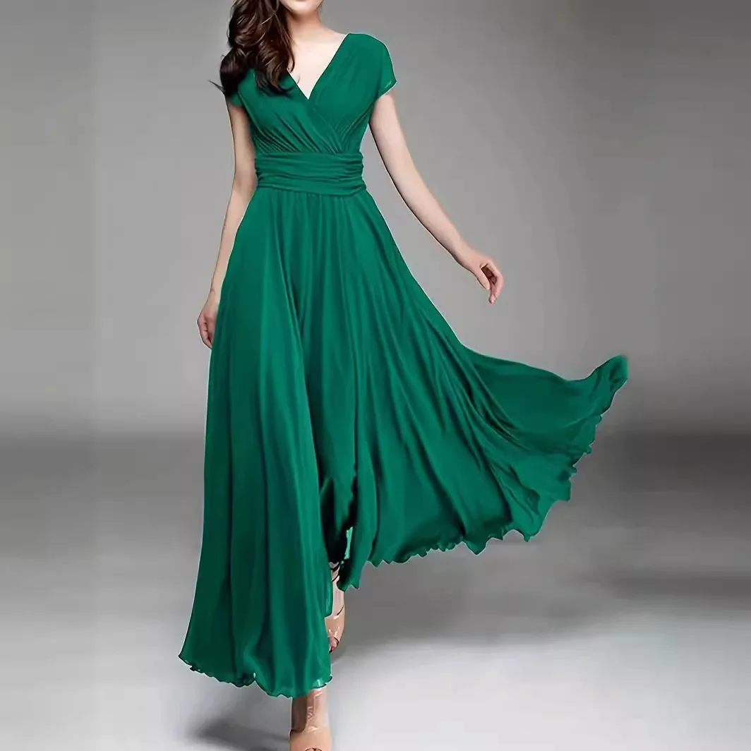 

2025V Neck Short Sleeve Bohemian Chiffon Waist Dress European and American