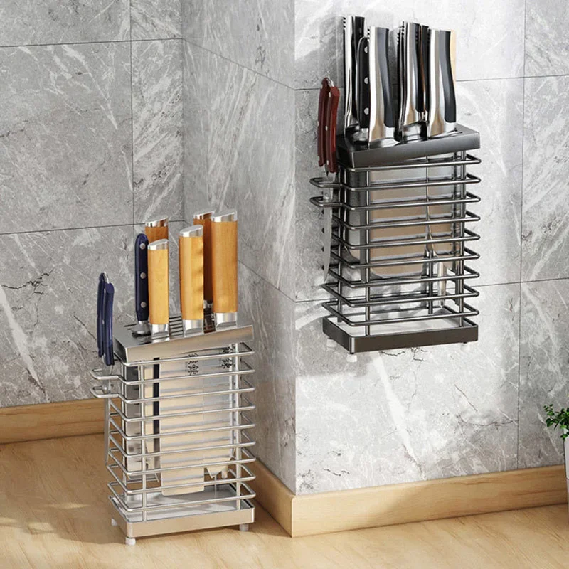 

Mesh Stainless Steel Chef Kitchen Knife Rack 9 Slots Desktop Wall Mount Knife Holder With Water Tray Slicing Santoku Knife Stand