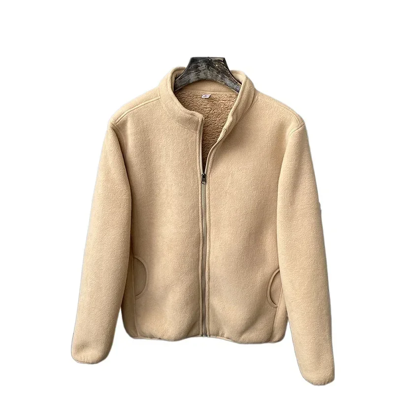 Winter Fleece Jacket Solid Color Sherpa Casual Coat Thick Warm Stand Collar Zip Up Outdoor Windbreak Jacket soft Comfortable