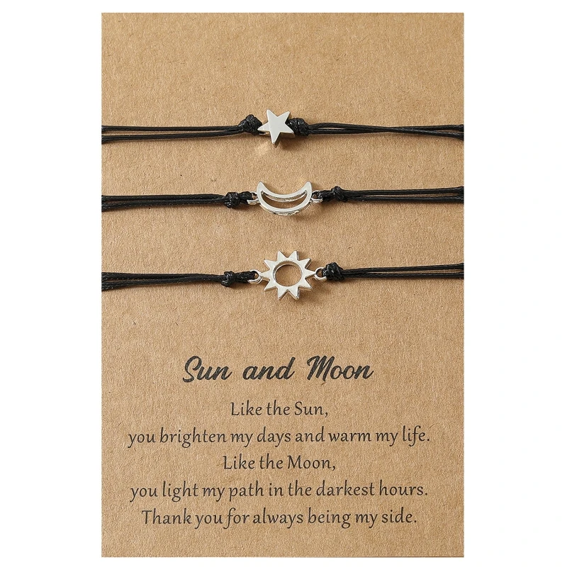 3 Pieces Black String Card Bracelets for Creative Alloy for Sun Moon Star Wax Ro