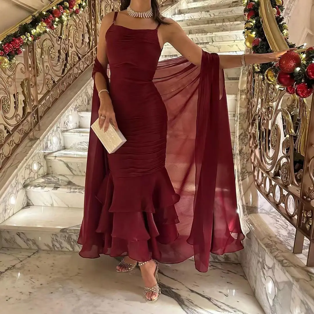 

Wine Red Arabic Women Formal Prom Dresses Mermaid Strapless Pleated Ankle Length Simple Prom Evening Gowns