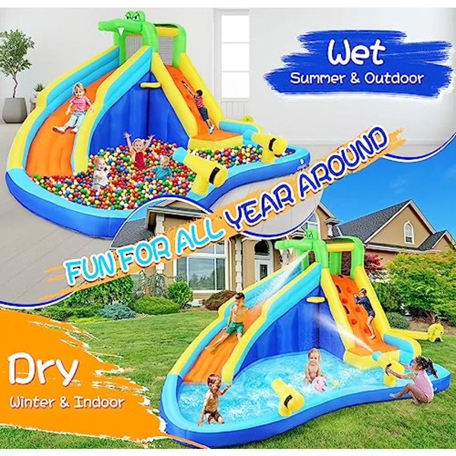 Inflatable Water Slide for:PVC, Blue/Red, 8-in-1 backyard water park with climbing wall, splash pool, crocodile sprinkler, dual