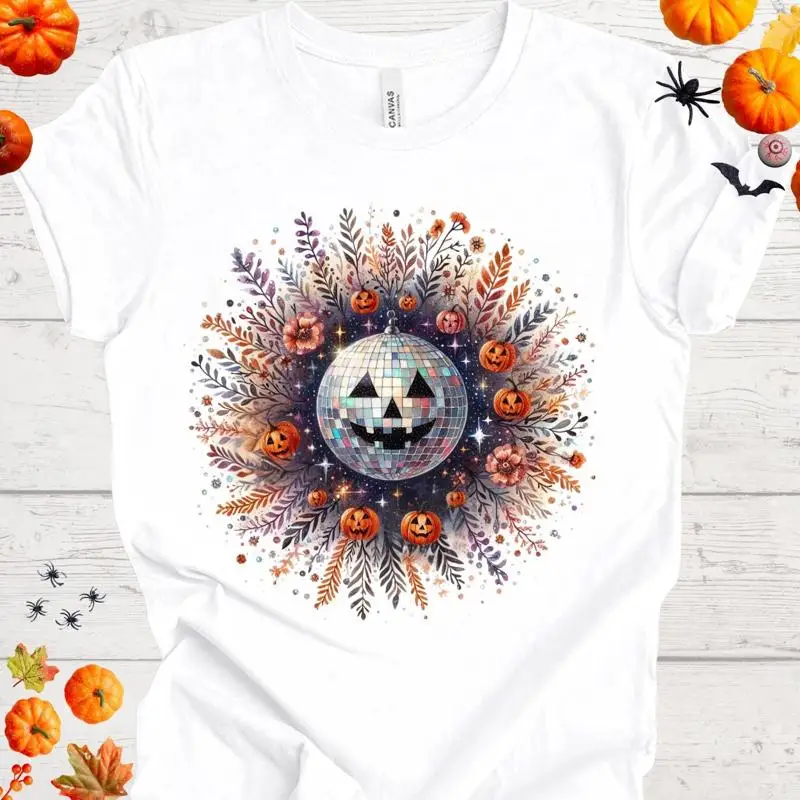 

Футболка с изображением диско-шара на Хэллоуин, голова тыквы, жуткая для развлечения, уникальная идея костюма и необычный дизайн