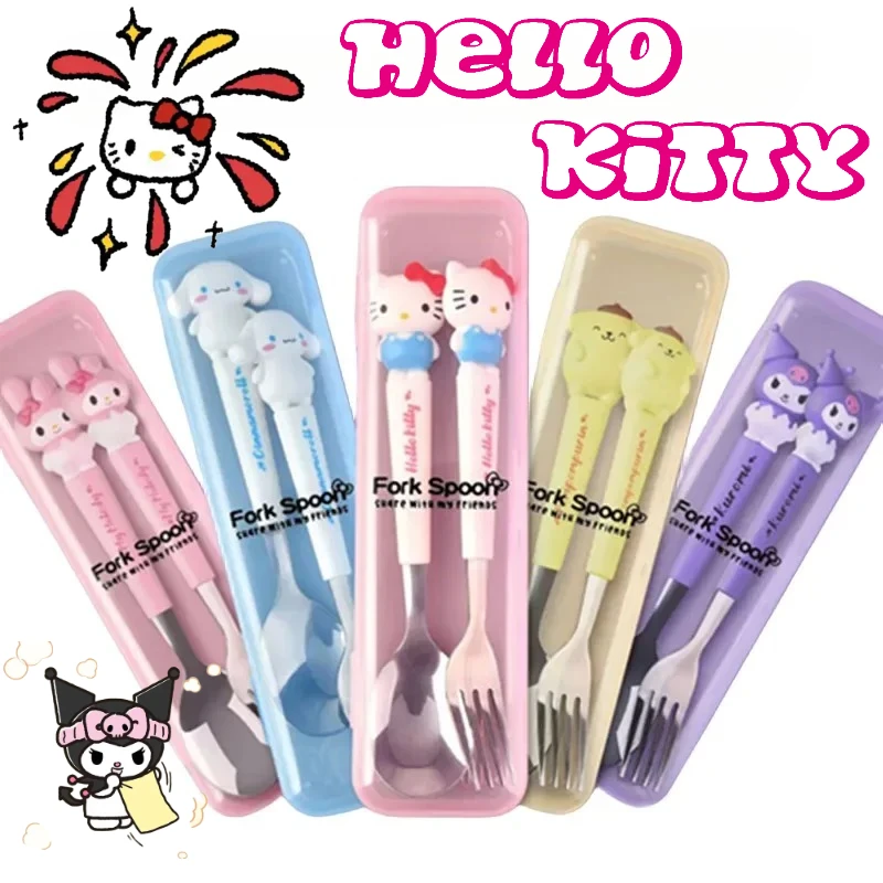 

2PCS Set Sanrio Hello Kitty Cartoon Dinnerware Portable Printed Fork Spoon Stainless Steel Cute Students Tableware Accessories