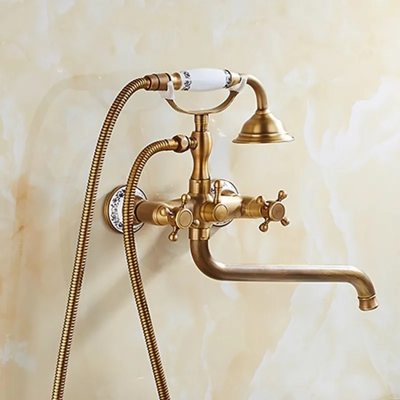 

Tuqiu Wall Mounted Antique Bathtub Shower Set Brass Bathtub Faucet Bathroom Hot and Cold Bath and Shower Mixer Taps Brass