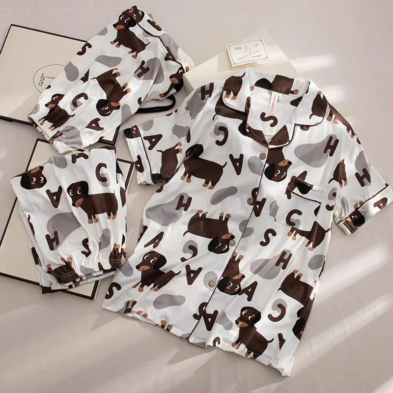 Spring Summer 2024 Cute Women\'s Pajamas Set Dachshund Print Cotton 3 Pieces Short Sleeve Tops Full Length Pants Sleepwear