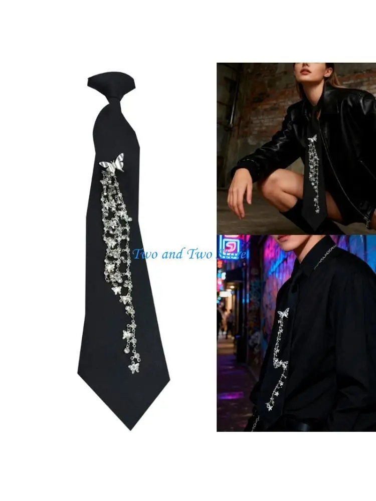 

HX6F Elegant Crystal Studded Butterfly Fringe Necktie Women Teens Fashion Neckpiece