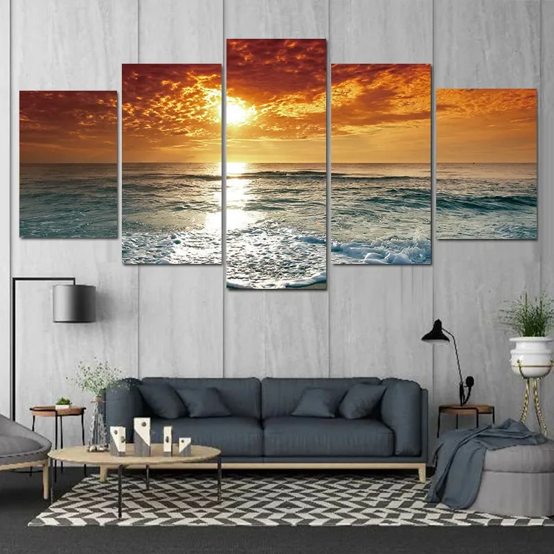 5 Pieces Sunset Red Sun Sea Decoration Posters Canvas Painting Wall Art For Living Room Bedroom Home Decor Cuadros Unframed