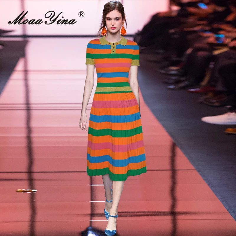 

MoaaYina Summer Fashion Runway Vintage Striped Skirt Set Women Turn-down Collar Button Top+Elastic Waist Half Skirt Knitted Suit