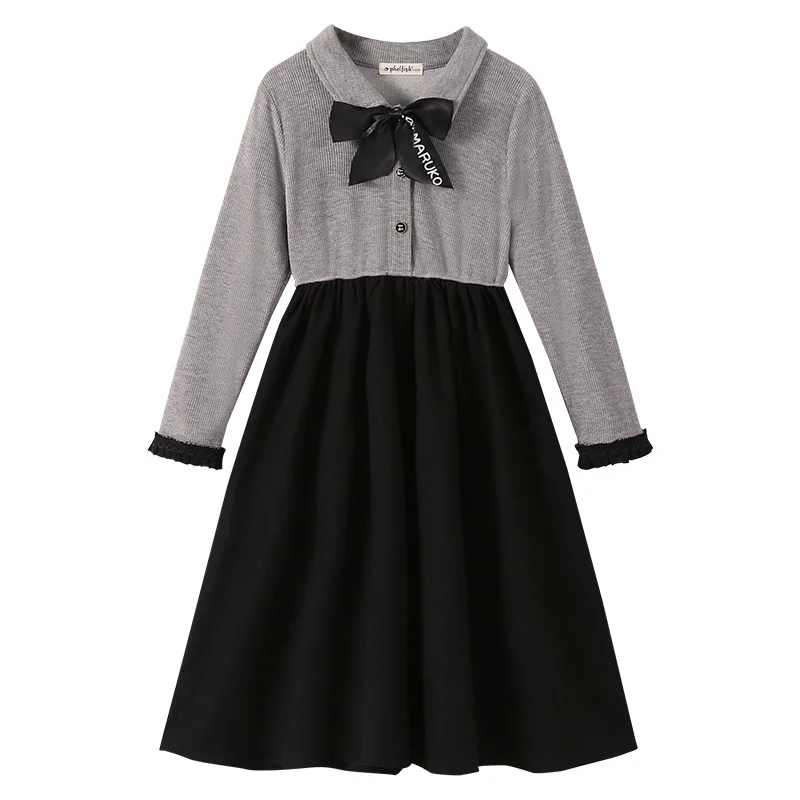 2026 autumn Teens Girls Cloth long sleeve knitted Shirt bow JK  Pleated splicing princess dress Children 4 10 12 14 year Preepy