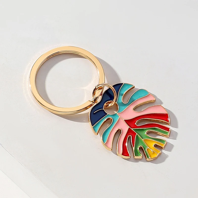 Colorful Big Vintage Statement Bohemian Enameled Leaf Keychain For Women Men Pendant Hanging Decoration Gold Color Accessories