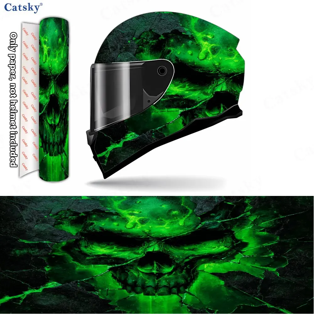 

Psychedelic Green Flame Skull Helmet Vinyl Wraps, Waterproof Scratch-Resistant Full Face Helmet Decals, Durable PVC Decoration P