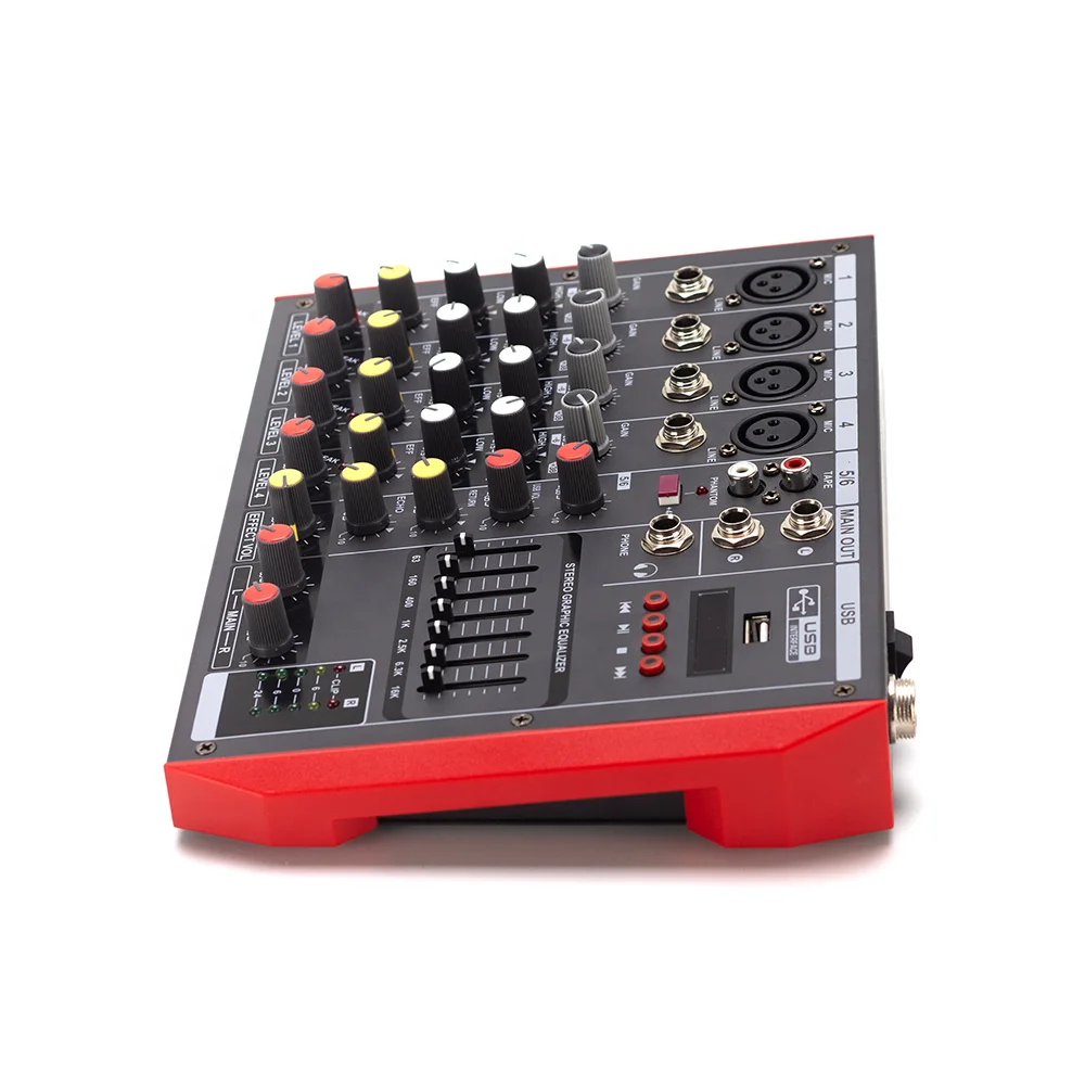 Mixer professionale Console di missaggio digitale Bt a 6 canali con effetto riverbero Mixer interfaccia live USB Karaoke