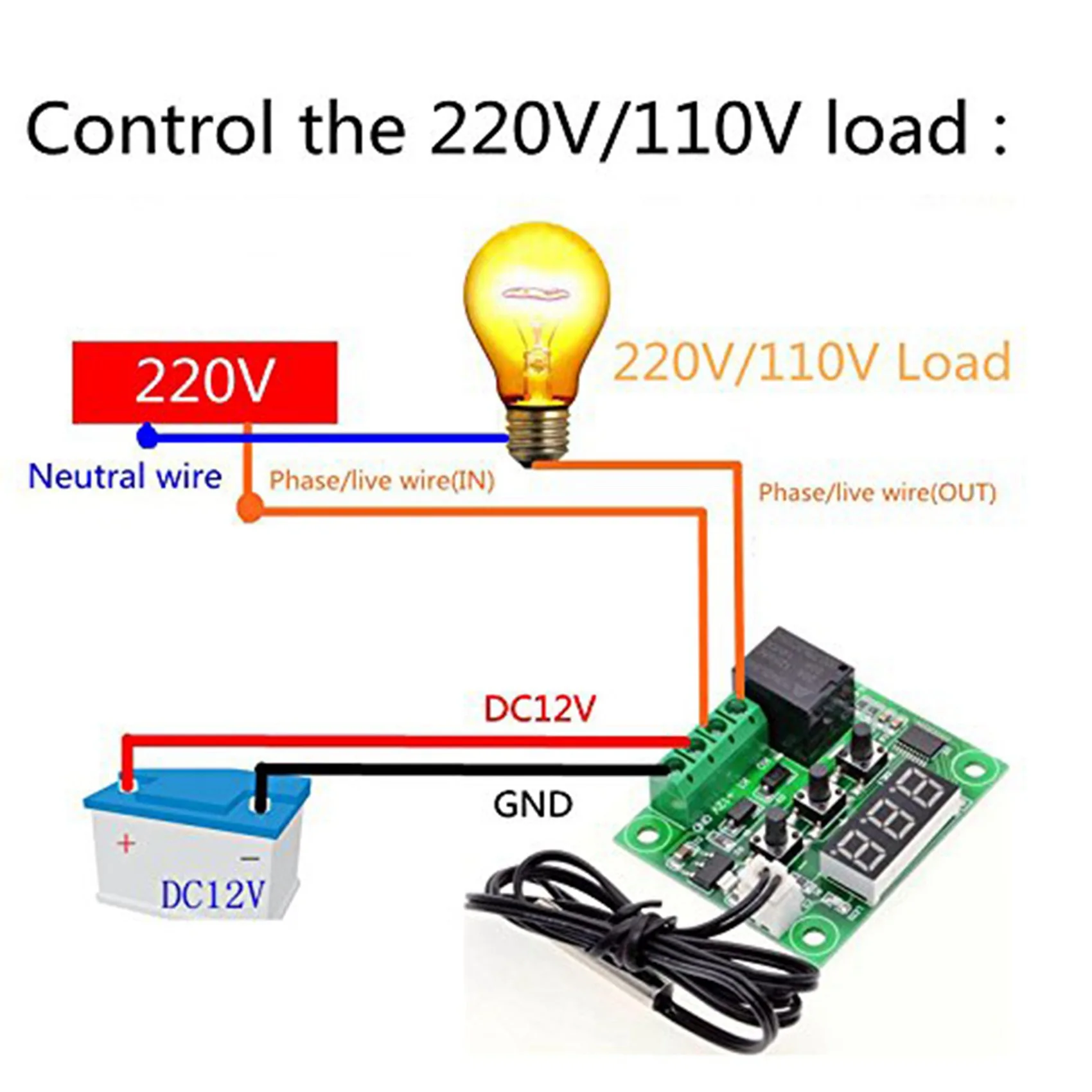 2X W1209 DC 12V Thermostat Temperature Control Switch Thermometer Controller With Digital LED Display With Case-B61B