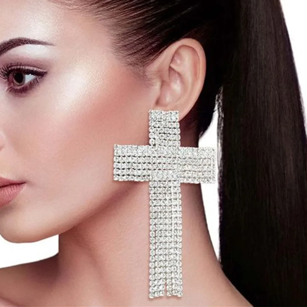 

Exaggerated Rhinestone Large Cross Shape Tassel Chain Drop Earrings Party Jewelry for Girl Crystal Geometric Big Dangle Earrings