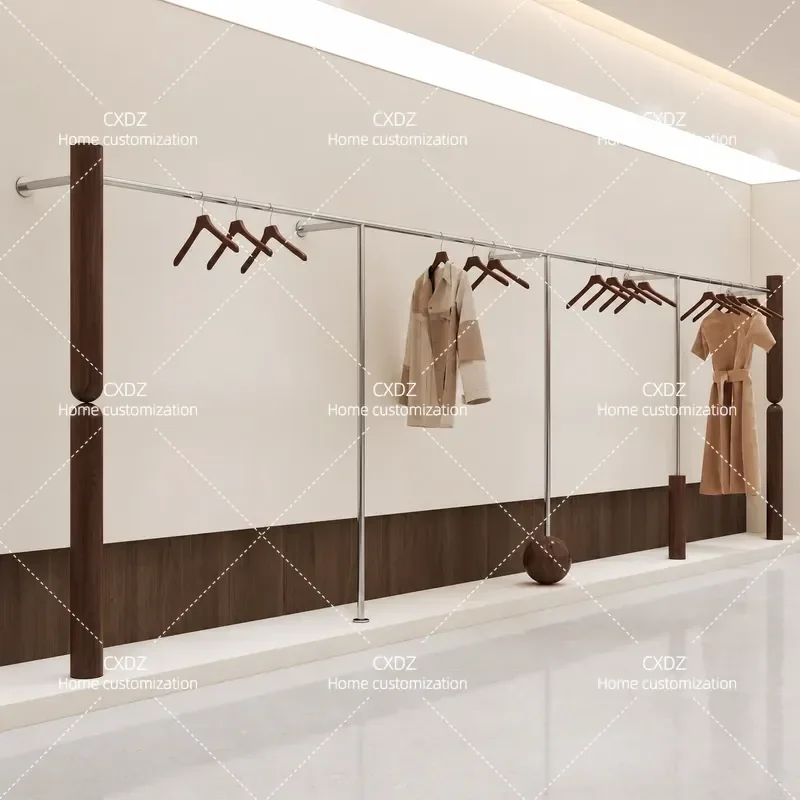 Clothing store display rack Wall hanger Stainless steel walnut wood grain display rack Women's clothing store new shelf