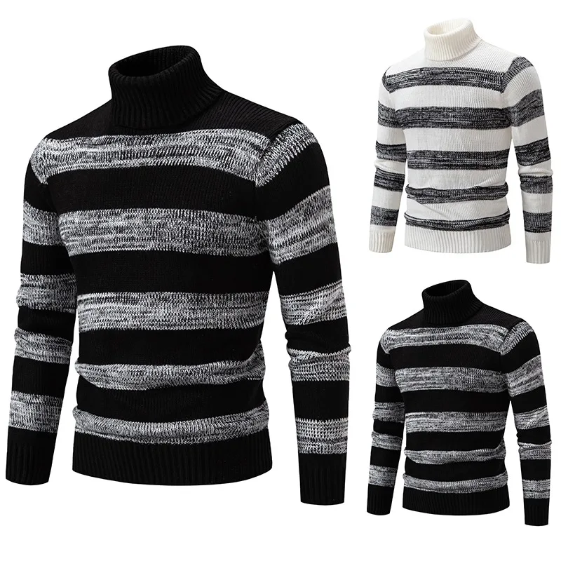 Men's Black and White Striped Turtleneck Sweater Fashion Long Sleeve Knitwear