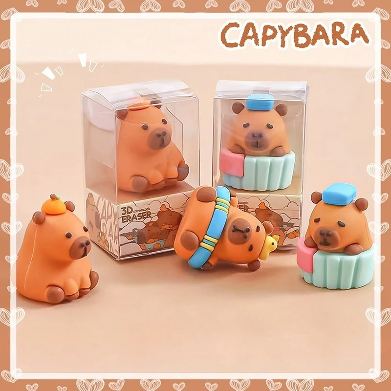 1pc Random Cartoon Capybara Rubber Erasers Kawaii Aesthetic Stationery Office Supplies Three-dimensional Rubber Erasers Gift