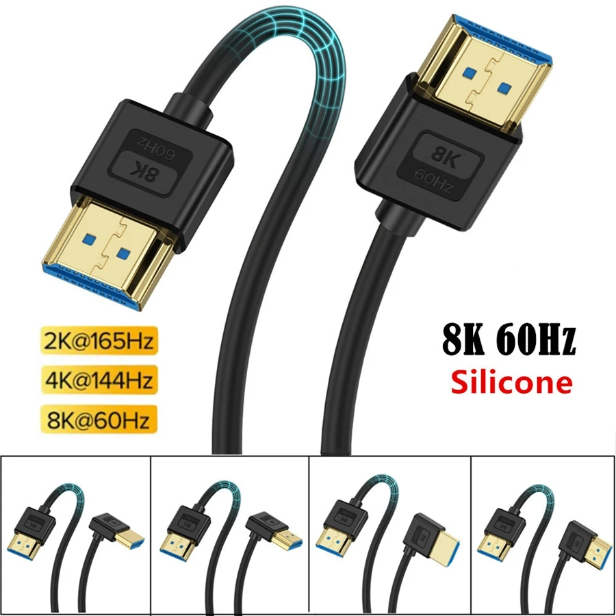 Silicone HDMI Compatible 2.1 Version Cable Elbow Flexible Thin Wire Supports 10K 96Hz Resolution 8K 60Hz Compatible 4K 240HZ