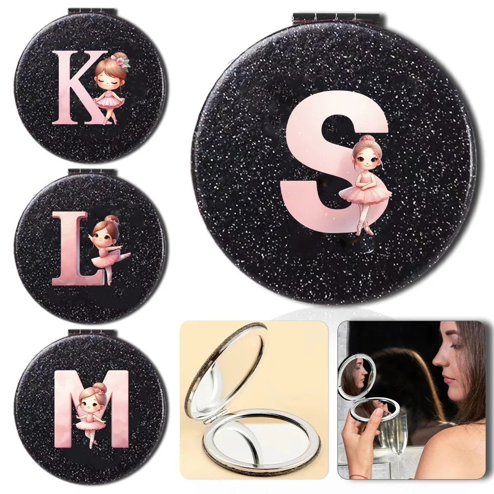 

Double Sided Flash Pu Mirror Portable Pocket Makeup Mirror Beauty Tool Sending Child Friend Elegant Ballerina Girl 26 Letter