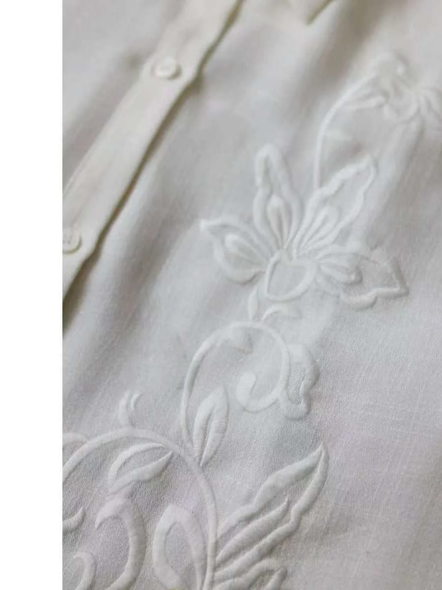 Largo largo Sve cuello bordado mujer irt primavera otoño blanco Casual Faion coreano Sle mezcla de poliéster