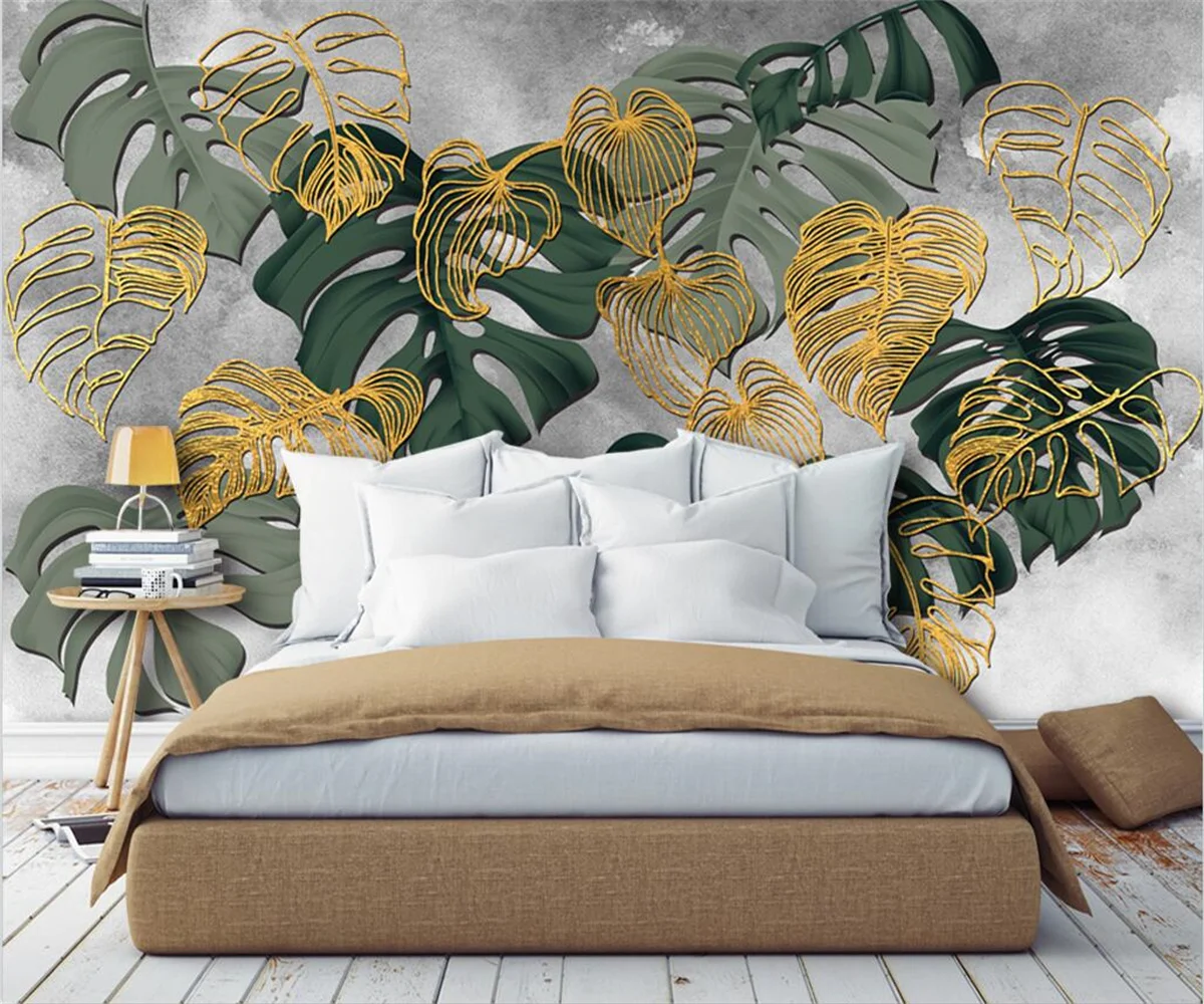 Custom Photo Mural Wallpaper European style golden lines simple tropical plants Living Room TV Background Wall 3d wallpaper