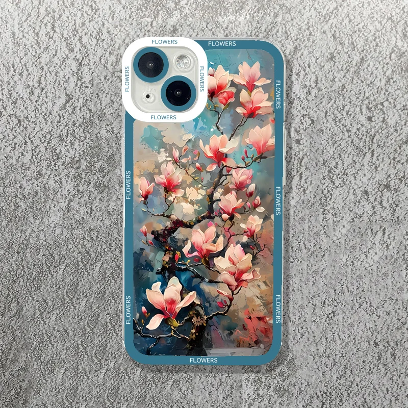 Oil Painting Flowers Phone Case For iPhone 15 14 13 12 11 Pro Max Mini XS X XR SE 2020 2022 7 8 Plus Transparent Soft TPU Cover