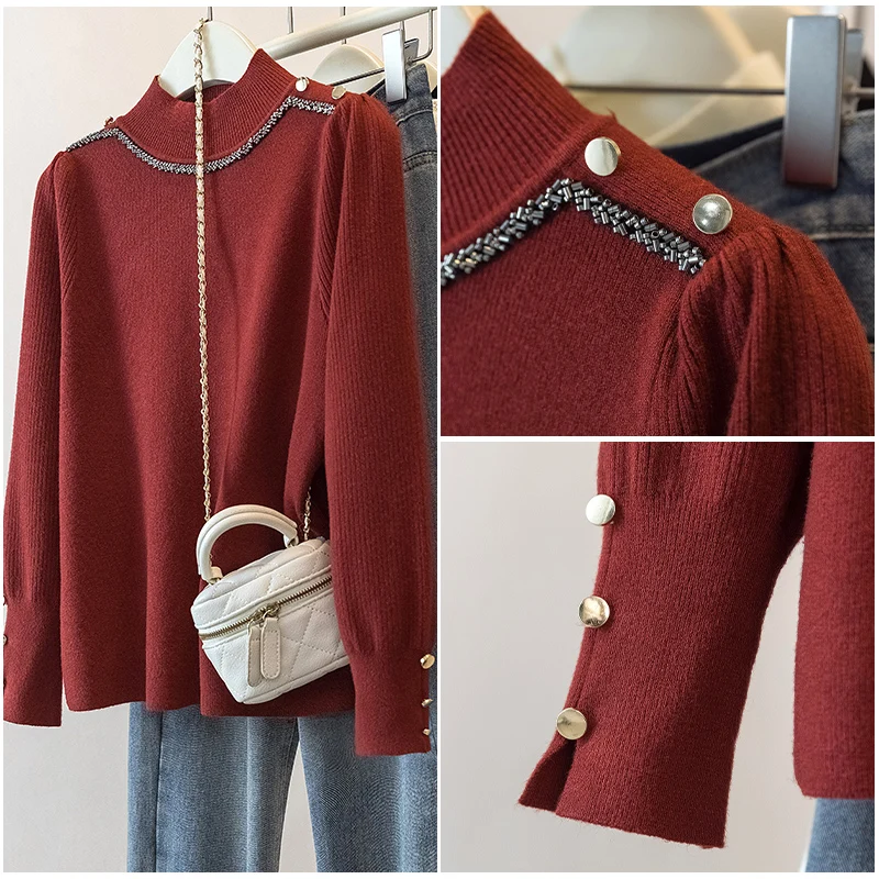 

Design sense semi high neck sweater women autumn and winter new slim fit long sleeved temperament knitted pullover