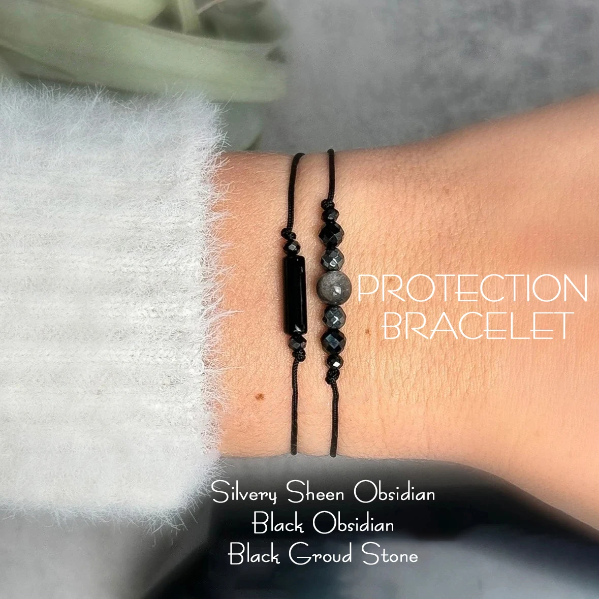Empath Protection Bracelet Set,Triple Protection Drawstring Bracelet,Silvery Sheen Obsidian, Gifts for man or woman,1set(2pcs)