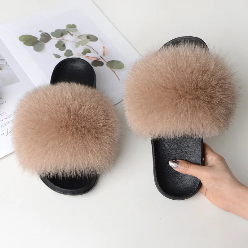 Women Summer New Real Fox Fur Slippers Indoor And Outdoor Fashion Furry Flat  Slides Raccoon Fur Beach Fashion Furry  Shoes