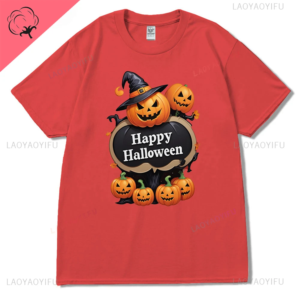 Camiseta de algodón con estampado de Halloween para mujer, camisa de manga corta con estampado de calabaza y lámpara, fantasma de Terror, ropa de calle Hipster