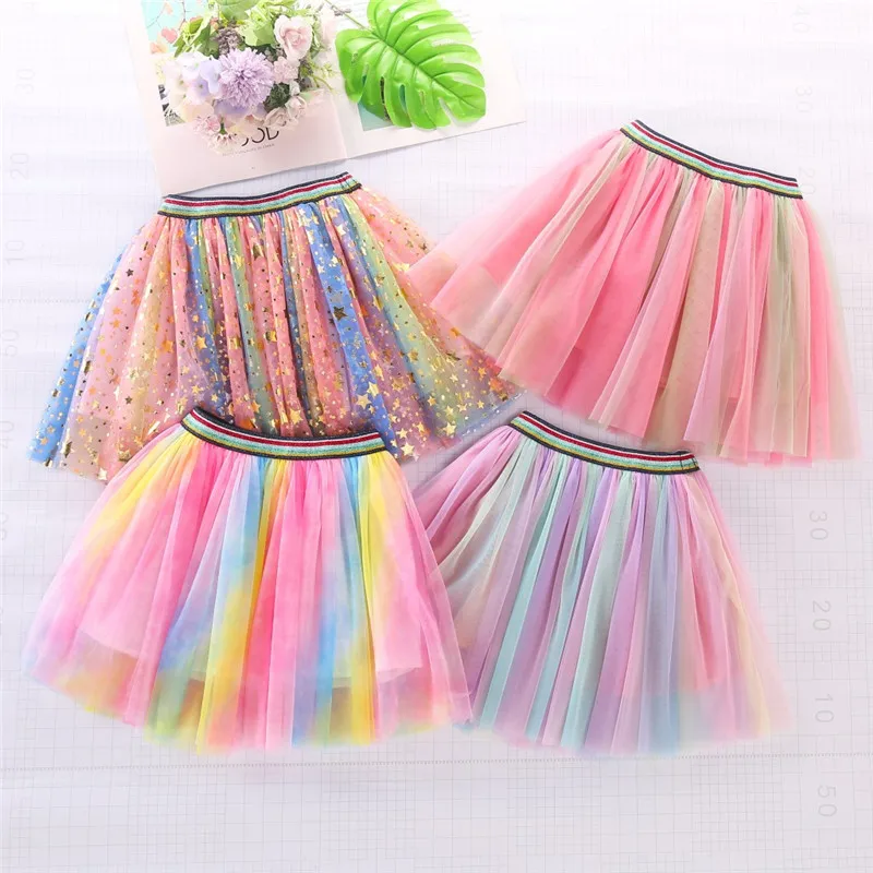 Children\'s Rainbow Mesh tutu Skirt for Girls Clothing Princess Kids Birthday Princess Show Dance Waist Skirt