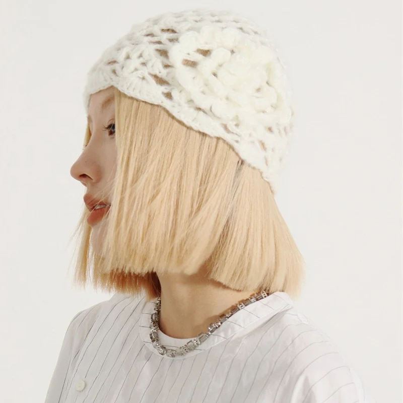 Handmade Crochet Hat Korean Instagram Blogger\'s Beanies Hollowed Out Pullover Hat Three-dimensional Flower Knitted Hat