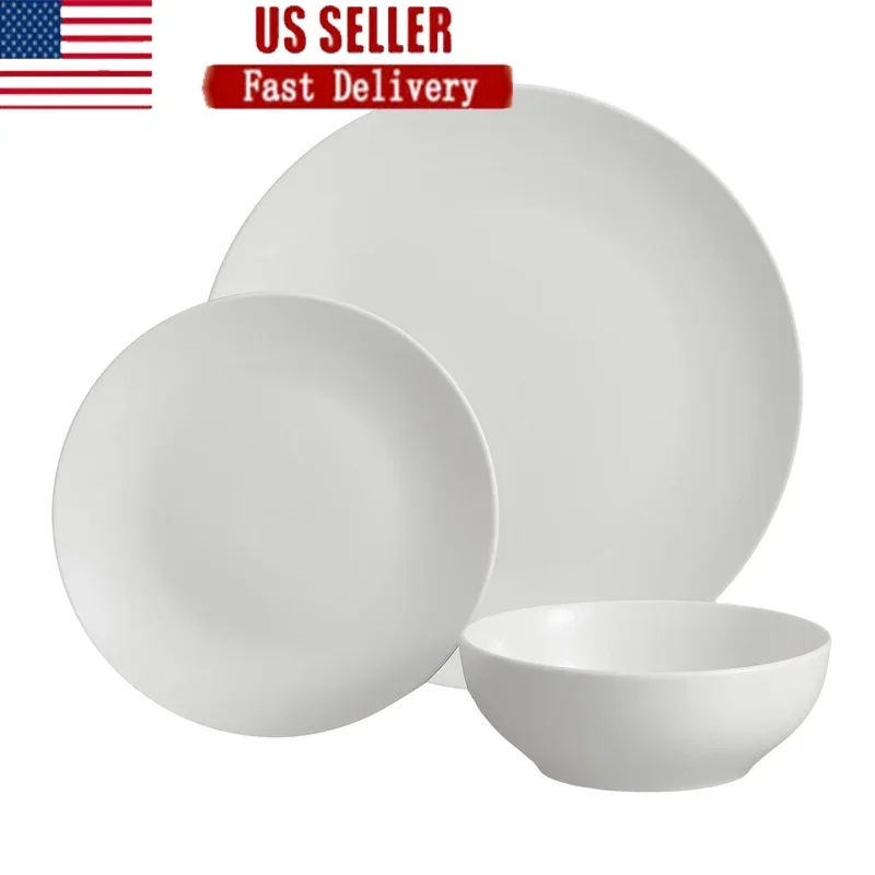 Juego de vajilla de gres blanco de 12 piezas, 4 lavavajillas, apto para microondas, vajilla elegante, cuencos, platos, Ideal, uso Formal e informal