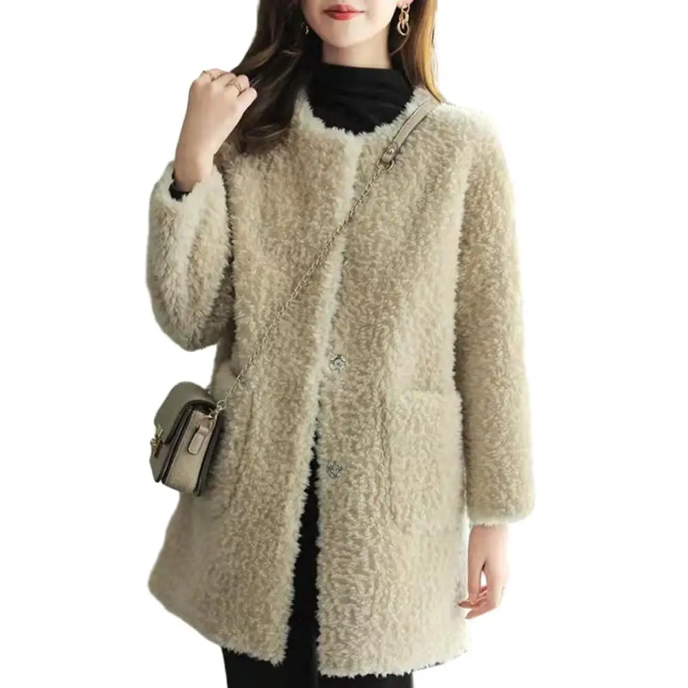 

Winter Women Coat Plush Thermal Cardigan Long Sleeve Windproof Round Neck Pockets Jacket пальто женское