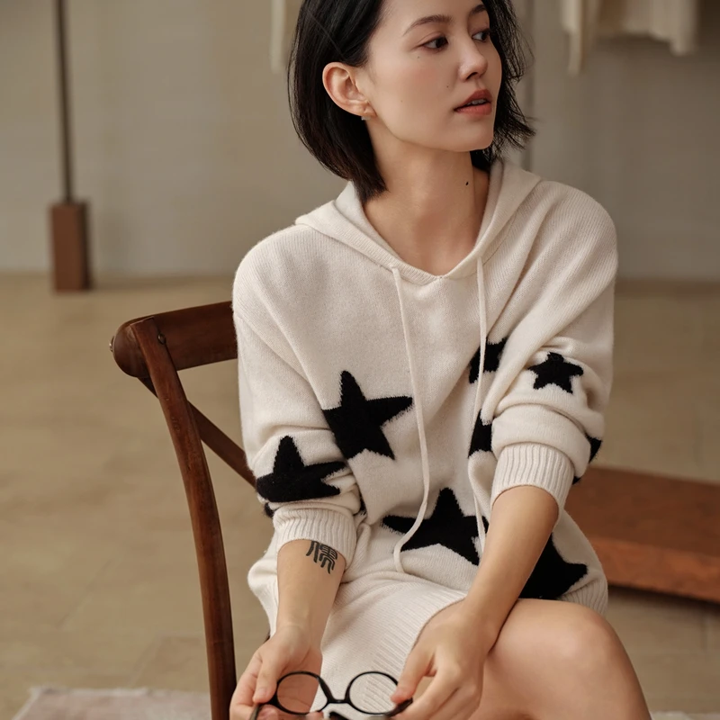 

Осенне-зимний новый стиль: женский утепленный свободный вязаный свитер из 100% чистого кашемира с узором в виде звезд, удобный для повседневной носки