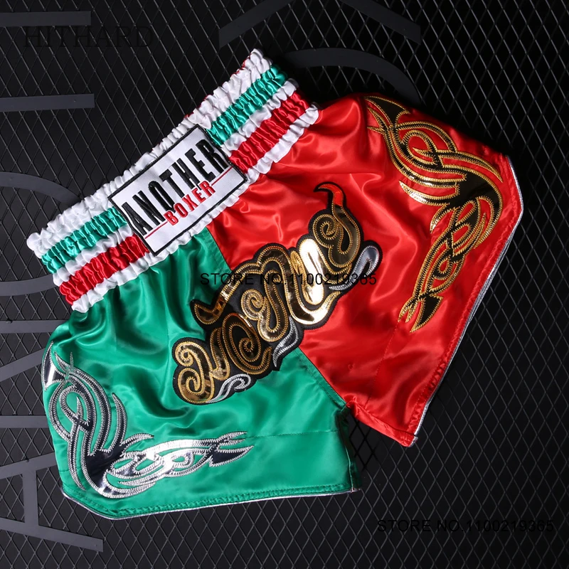 

Muay Thai Pants Men Women Child Boxing Shorts Satin Sports Martial Arts MMA Workout Gym Wear Embroidery Fight Kickboxing Shorts