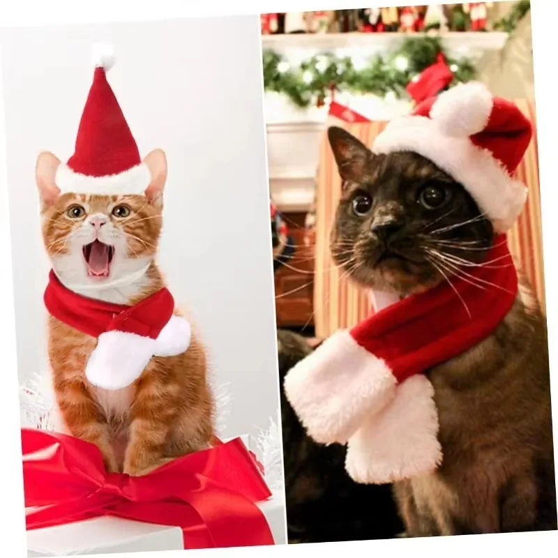 1-10Sets Pet Christmas Hat Scarf Set for Dogs Cats Cute Holiday Dress Up Accessories for Christmas Party Celebrations