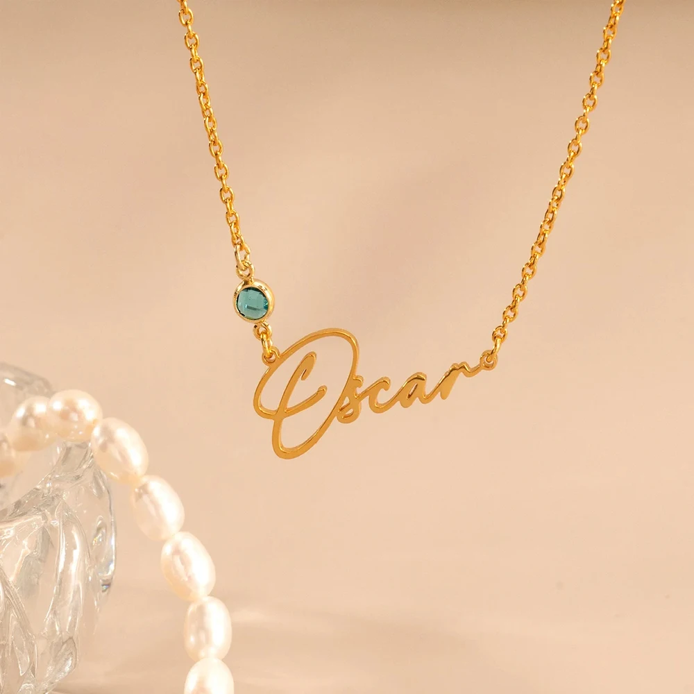 Haiyufly Personalized Custom Birthstone Name Necklace for Women Stainless Steel Handmade Nameplate Choker Chains Jewelry Gift