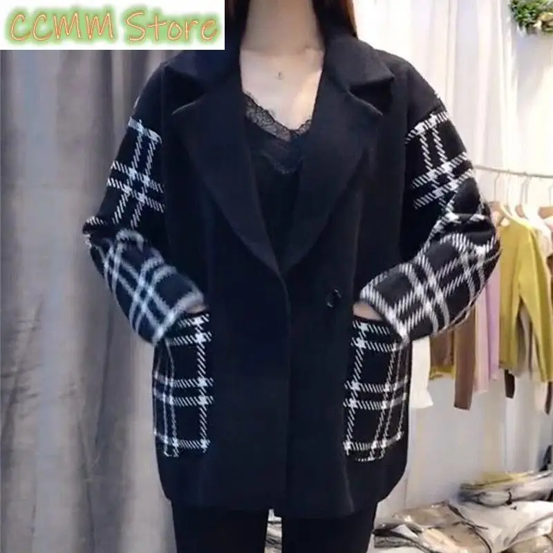 

Plaid Woolen Women's Suit Collar Coat Wshort Female Spring Autumn New Jacket Padded Woolen Western-style Overcoat