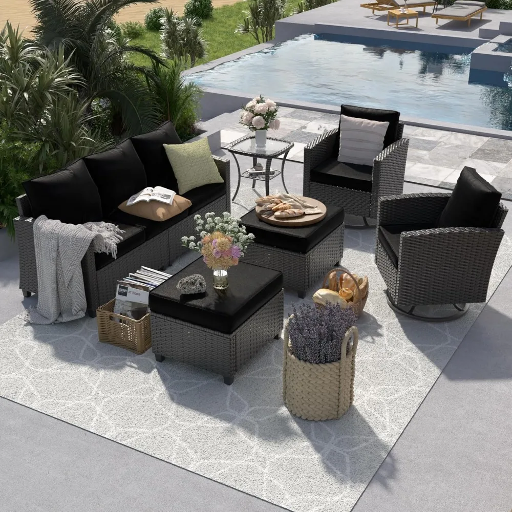 

Patio Furniture Set, 6 Pieces Outdoor Sectional Couch with Swivel Rocking Chair, Gray Wicker Rattan Sofa, Customized